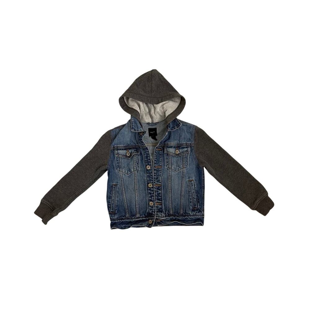 GAP Kids Hooded Denim Jean Jacket Gray Sweatshirt Sleeves Hood Youth Medium 8/9
